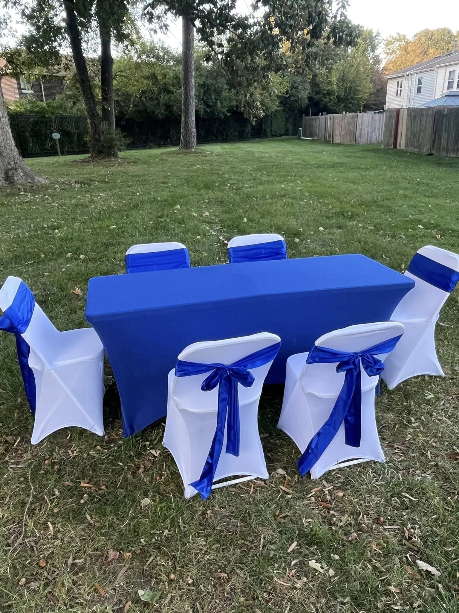 Royal blue table with blue chair sashes for outdoor event setup
